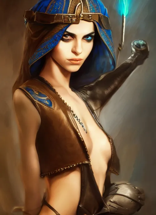 Image similar to Beautiful Arab girl with blue eyes, leather, portrait, fantasy, medieval, vivid colors, fantasy, elegant, concept art, sharp focus, beautiful face, digital art, Hyper-realistic, 4K, Unreal Engine, Highly Detailed, HD, Dramatic Lighting by Brom, trending on Artstation