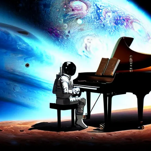 Image similar to an astronaut playing piano on jupiter. cyberpunk digital art, very beautiful, high quality, high resolution