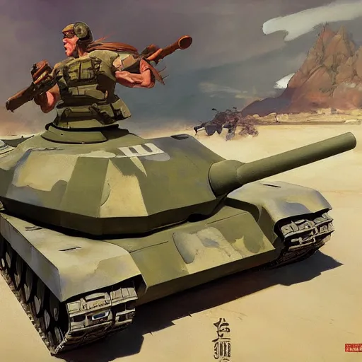 Prompt: greg manchess painting of a tank with an anime decal, organic painting, sunny day, matte painting, bold shapes, hard edges, street art, trending on artstation, by huang guangjian, gil elvgren, ruan jia, randy vargas, greg rutkowski