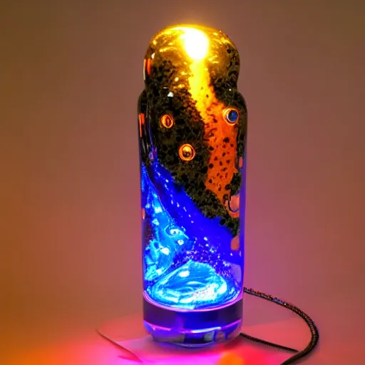Prompt: half boulder opal half lava lamp, glowing nixie tube accents, clean futuristic design, sacred, angelic, divine, museum lighting