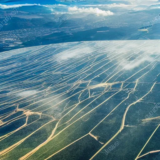 Prompt: Landscape of fields, sea, mountains, volcano, photoelectric powerstations, electric pylons, gas pipe. Style of nasa photo, crisp lighting, clear sky, 8k,