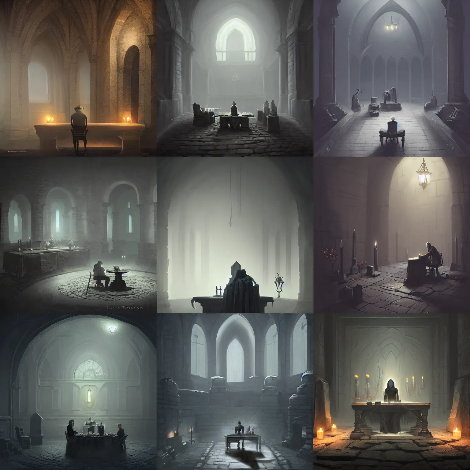 Prompt: dark gloomy stone room, necromancer sitting at table, low visibility, low brightness, gray stone, oppressive, shadows, crypt, midnight, by Jessica Rossier