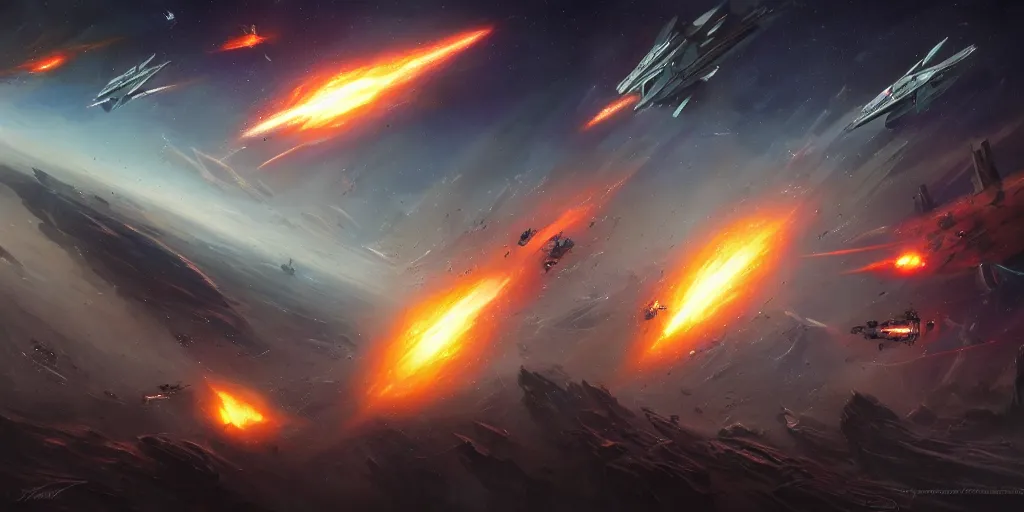 Prompt: A highly detailed Sci-Fi concept art matte oil painting set in space by Jason Felix by Steve Argyle by Tyler Jacobson by Peter Mohrbacher of an epic Space battle , Two massive capital ships firing at it each other ,while small fighter ships fly in formation ready to attack , deep space , dark and stars in the background , lasers and explosions, perspective , action shot . octane render, redshift render , trending on Artstation ,HD 4K