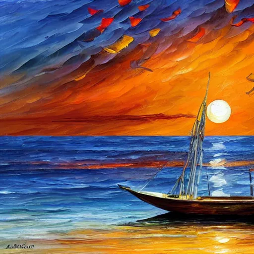 Prompt: rising sun ( ( ( cormorant, fishing boat ) ) ) on the caribbean bay, by leonid afremov and moebius