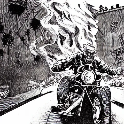 Image similar to hells angel biker riding through a burning street, intricate ink drawing, highly detailed in the style of jamie hewlett