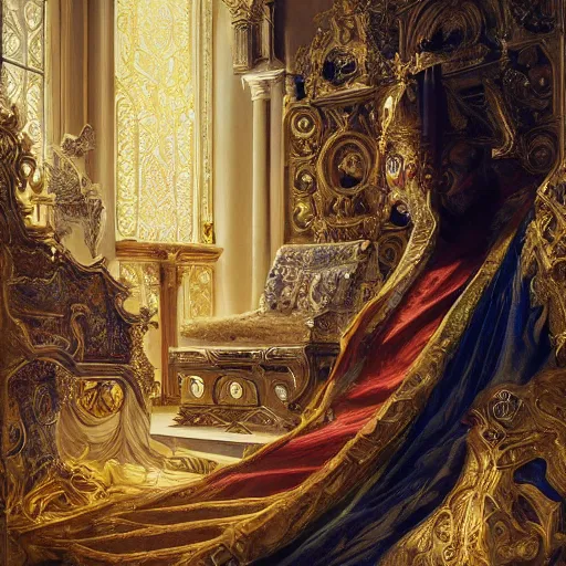 Image similar to kneeling before the pope, royal robe, gold trim, light effect, hyper detailed, intricate, atmospheric, elegant, photorealistic by paul lehr, marco mazzoni, featured on cgsociety, rococo, whimsical, artstation