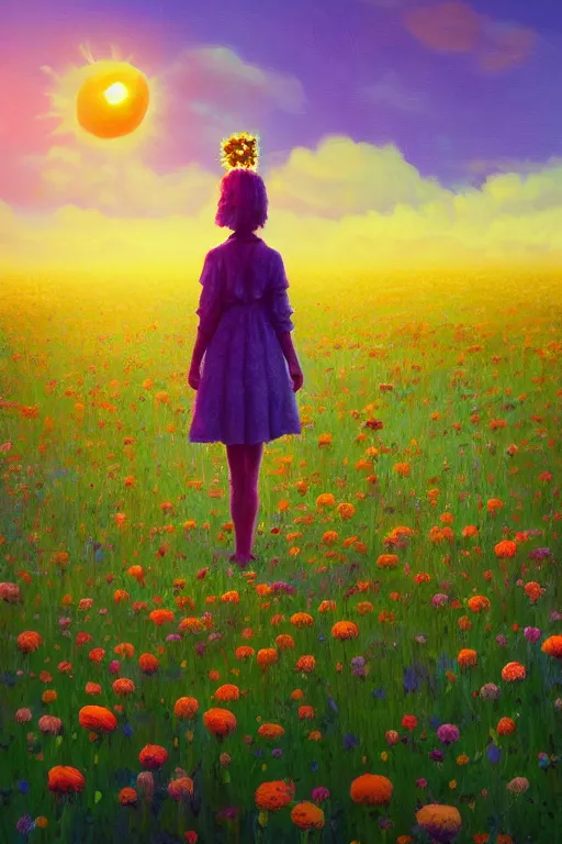 Image similar to closeup, giant flower head, girl standing in a field of flowers, surreal photography, sunrise, blue sky, dramatic light, impressionist painting, digital painting, artstation, simon stalenhag