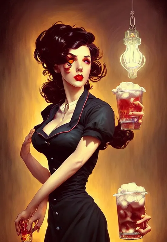 Image similar to Necromancer waitress of a small 50’s style diner serving cold drinks, fantasy magic, dark pin-up style hair, dark light night, intricate, elegant, sharp focus, illustration, highly detailed, digital painting, concept art, matte, art by WLOP and Artgerm and Greg Rutkowski and Alphonse Mucha, masterpiece