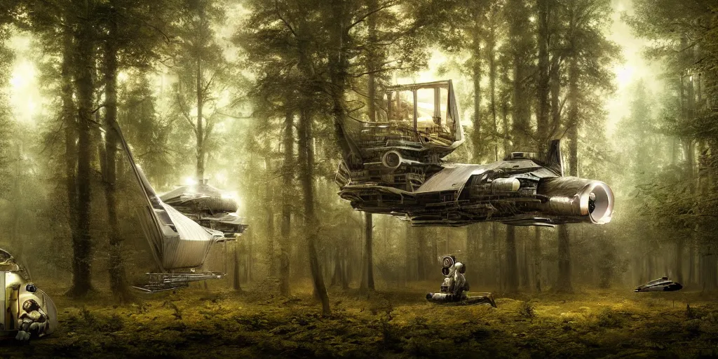 Image similar to an astronaut and a space ship in a forest, a detailed matte painting by frieke janssens, featured on cgsociety, space art, matte painting, matte drawing