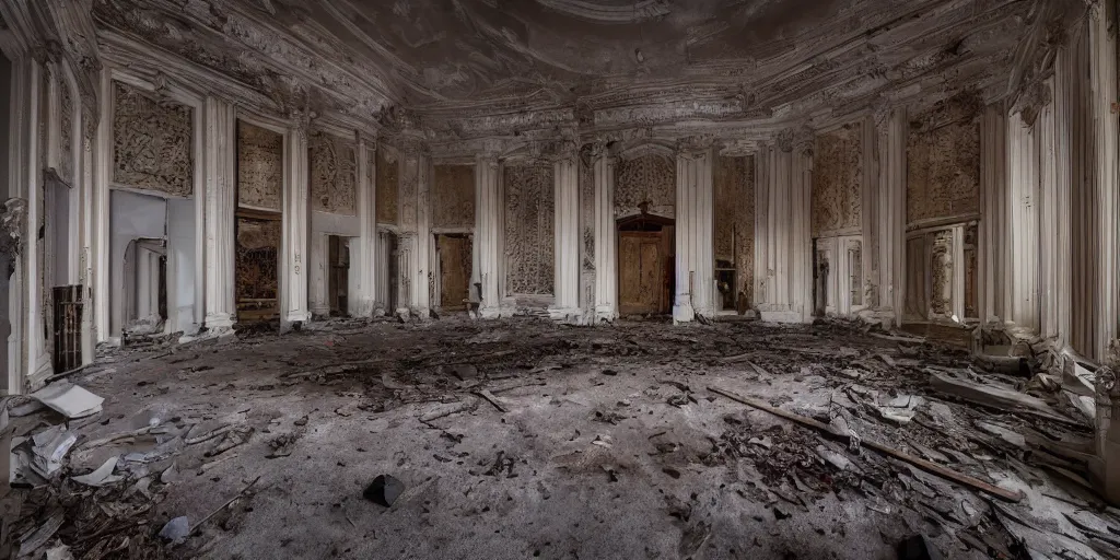 Prompt: Architectural photography of abandoned, high mansion at night, volumetric lighting,, luxury, high detail, 14mm, cinematic photography, archdaily, hgh resolution