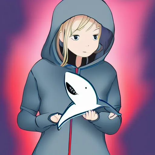 Image similar to a blonde girl in a black hoodie holding a blue shark stuffed animal, anime style digital art