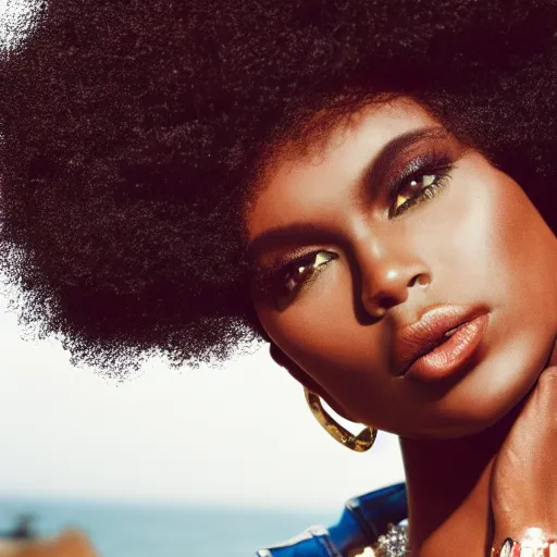 Prompt: close up of face of a black fashion model with large afro, gta editorial of vogue magazine, highly detailed