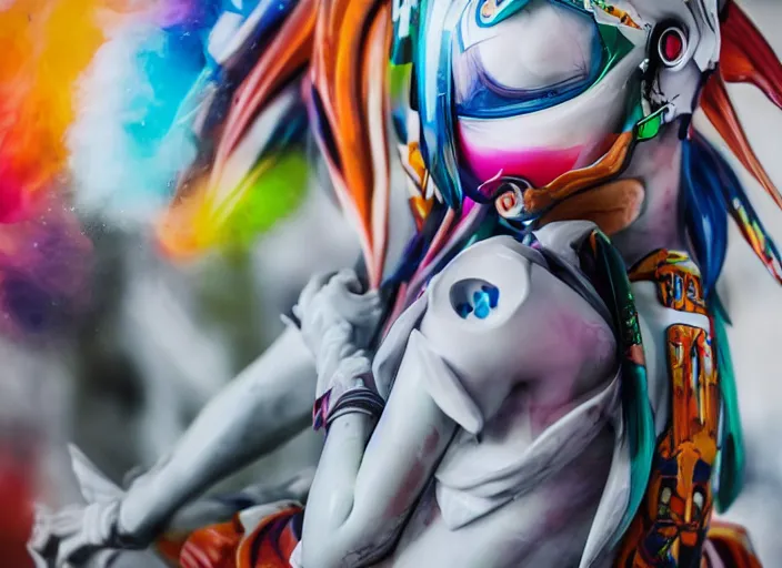 Image similar to extremely beautiful photo of a white marble statue of an anime girl with colorful motocross logos and motorcycle helmet with closed visor, colorful smoke in the background, carved marble statue, fine art, neon genesis evangelion, virgil abloh, offwhite, denoise, highly detailed, 8 k, hyperreal