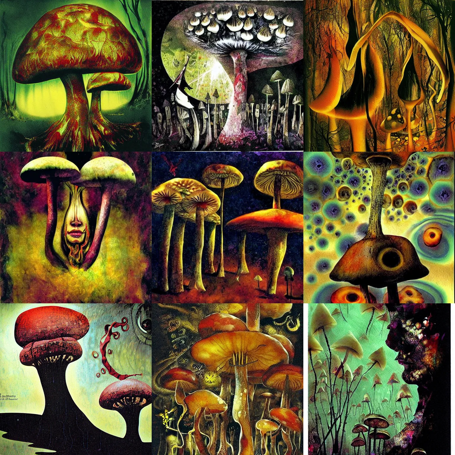 Image similar to psychedelic mushrooms dream, by dave mckean