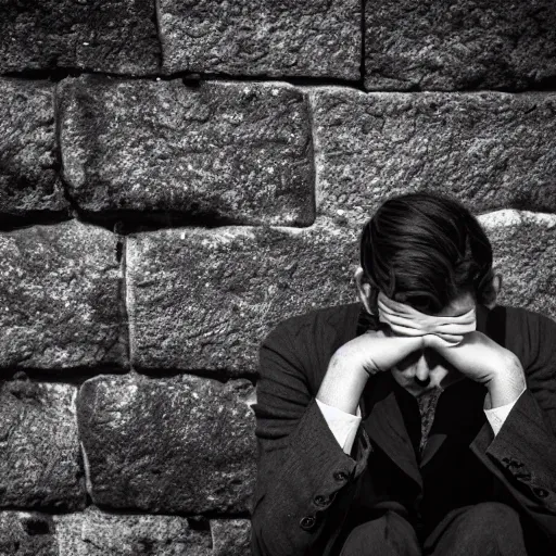 Image similar to Portrait of an utterly terrified young man on the verge of panic tears in 1930s attire with long hair cornered against a stone wall. He looks utterly panicked and distressed. 4K sigma 85mm