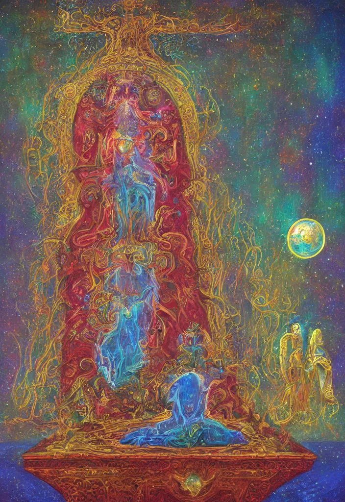 Prompt: holy throne of the gnostic lunar god, award winning oil painting, iridescent color palette