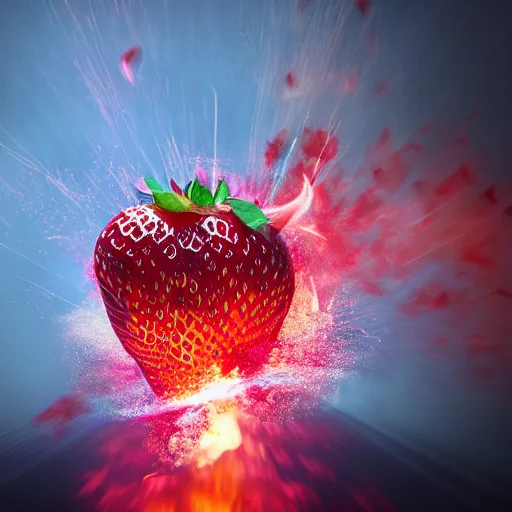 Image similar to exploding strawberry, octane render, highly detailed fire, highly detailed explosion, white background, ue 5, big explosion, realistic colors, realistic shadows, realistic reflections