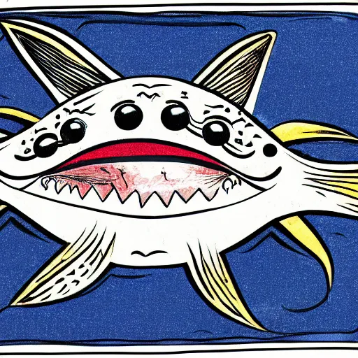 Prompt: illustration of an angler fish, in the style of robert geronimo, deep sea, large mouth filled with pointed teeth, stylized linework, ornamentation, artistic, color