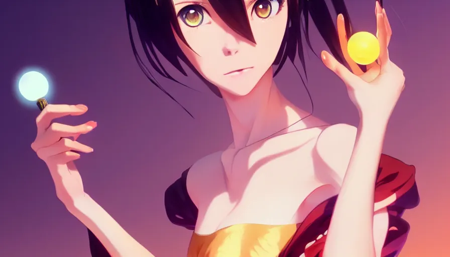 Image similar to coco rocha as a beautiful anime girl holding a light source inside her hand, expert high detail concept art, character design, defined face, vivid colors, photorealistic shaded lighting poster ilya kuvshinov, katsuhiro, makoto shinkai, wlop, loish and clamp style, trending on artstation, best selling artist