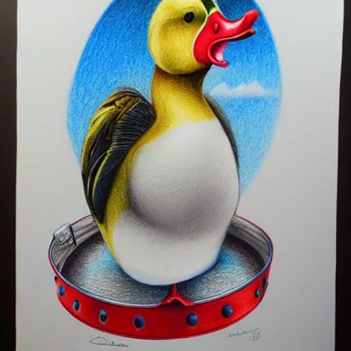 Prompt: Colored pencil art on paper, Circus Duck , highly detailed, artstation, MasterPiece, Award-Winning, Caran d'Ache Luminance