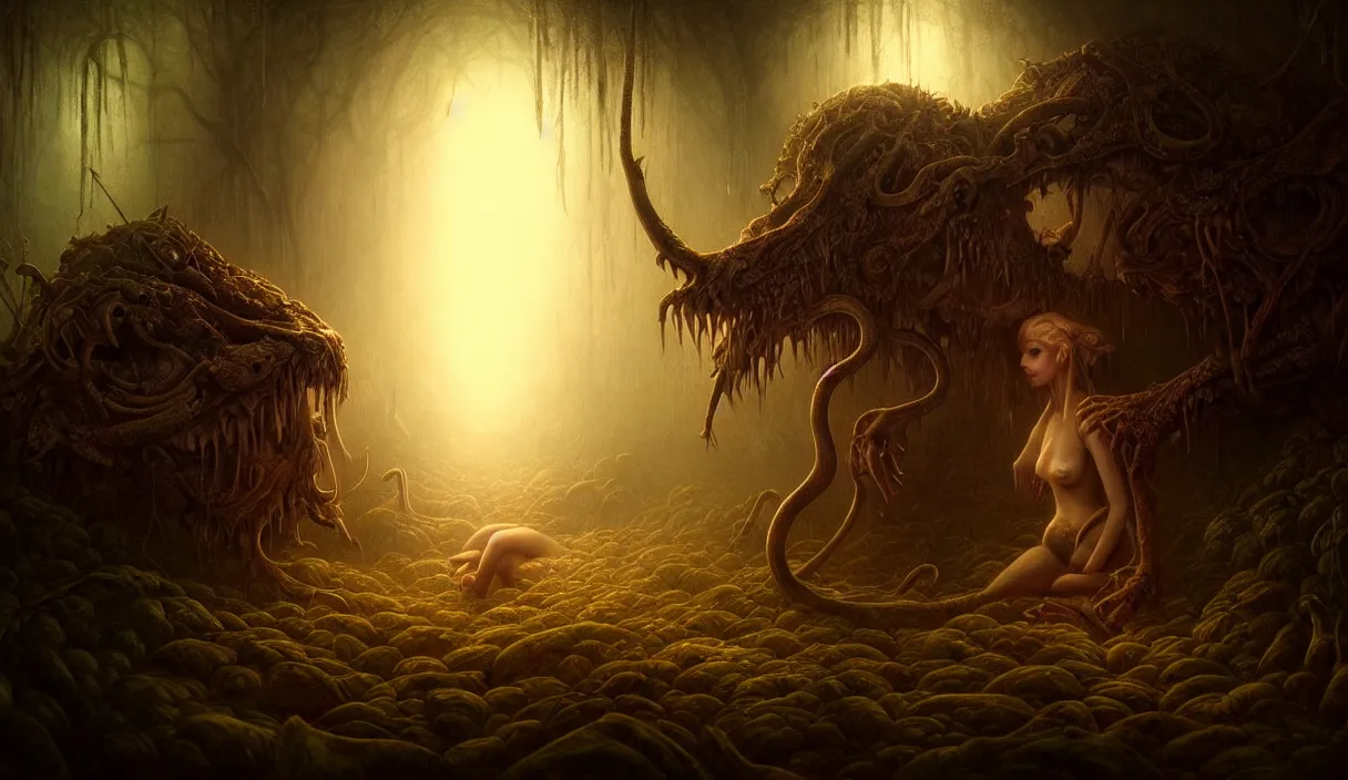 Image similar to epic professional digital art hungry eyes, gold ambient light, painted, mysterious, eerie, mythic, detailed, intricate, grand, leesha hannigan, wayne haag, reyna rochin, ignacio fernandez rios, mark ryden, van herpen, artstation, cgsociety, epic, stunning, gorgeous, much wow, closeup cinematic jungle scene