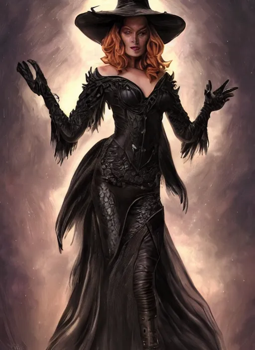 Prompt: beautiful female witch, rebecca romijn as wicked witch of the west, full body character concept, covered in full leather armor, art nouveau, super powers, fantasy, intricate, elegant, highly detailed, digital painting, artstation, concept art, shining, sharp focus, illustration, art by stanley lau