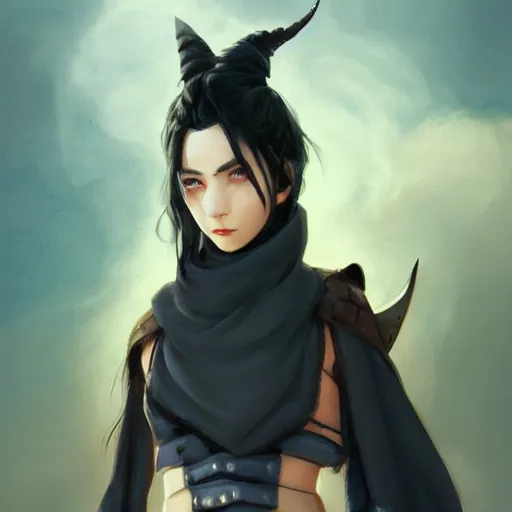 Image similar to portrait of a female berber mage, devil horns and black hair in a ponytail wearing a steel chestplate in a desert, half body, single subject, ambient lighting, highly detailed, digital painting, trending on pixiv fanbox, studio ghibli, extremely high quality artwork, art by ross tran and artgerm and makoto shinkai