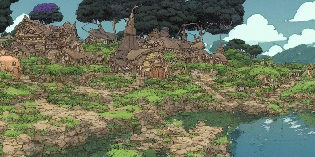 Prompt: a still of a background from spirited away of hobbiton, studio ghibli