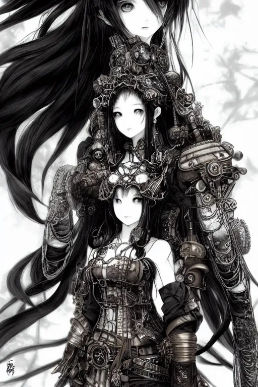 Image similar to a vertical portrait of a character in a scenic environment by Yoshitaka Amano, black and white, dreamy, steampunk armor, black hair, highly detailed