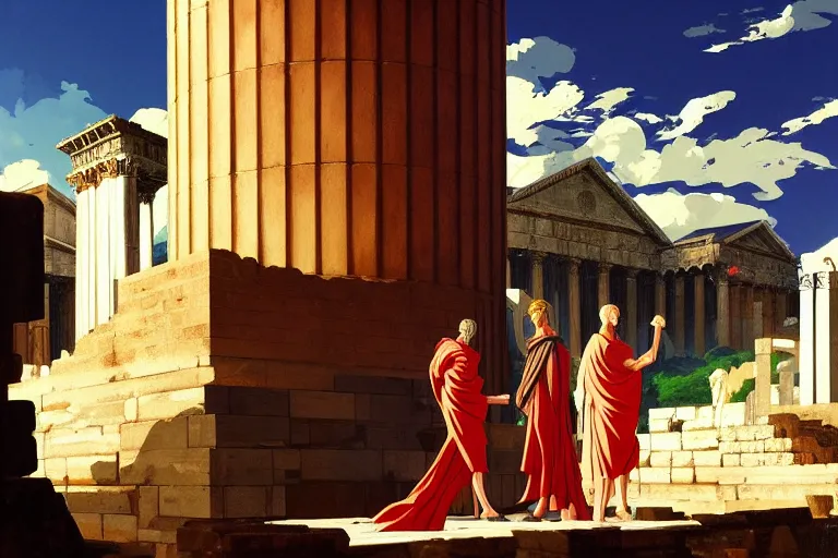 Image similar to anime key visual of the roman empire world conquest, great greek pantheon, divine right, style of jamie wyeth james gilleard edward hopper greg rutkowski acrylic painting, preserved museum piece, historical