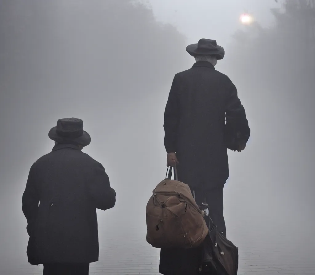 Prompt: Old man with a newsboy hat waits for a train with heaps of baggage on a foggy platform, low angle, morning hard light