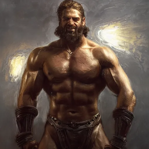 Image similar to handsome portrait of a spartan guy bodybuilder posing, radiant light, caustics, war hero, metal gear, steel bull run, by gaston bussiere, bayard wu, greg rutkowski, giger, maxim verehin