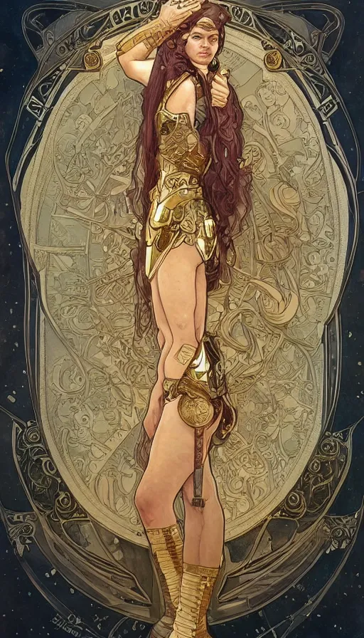 Prompt: a soldier in full armor, highly detailed, very intricate, art nouveau, gold filigree, left right symmetry, tarot concept art watercolor illustration by mandy jurgens and alphonse mucha and alena aenami, featured on artstation