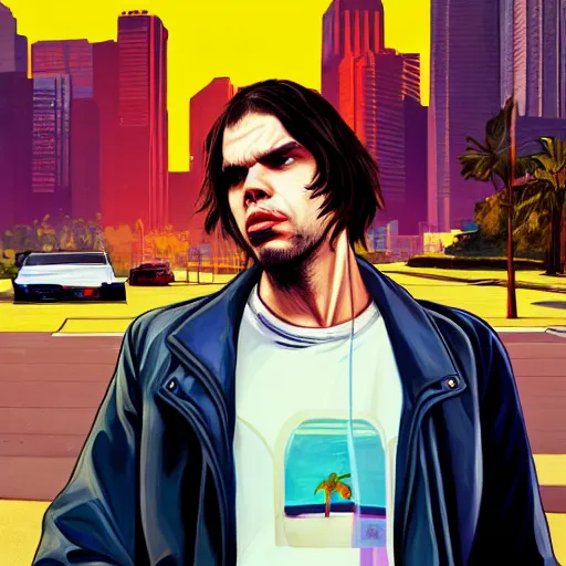 Image similar to orelsan in gta v covert art painted by stephen bliss, centered, uncropped