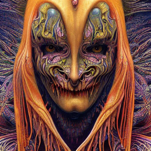 Image similar to detailed colorful realistic beautiful devil vampire face portrait by jean delville, gustave dore, iris van herpen and marco mazzoni, art forms of nature by ernst haeckel, art nouveau, symbolist, visionary, gothic, neo - gothic, pre - raphaelite, intricate alien botanicals, ai biodiversity, surreality, hyperdetailed ultrasharp octane render