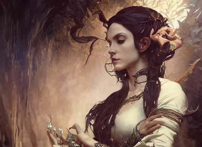 Prompt: beautiful elvish witch, full body, warcraft, fantastical, intricate, elegant, highly detailed, digital painting, art station, concept art, smooth, sharp focus, oil painting, art by caravaggio and greg rutkowski and alphonse mucha