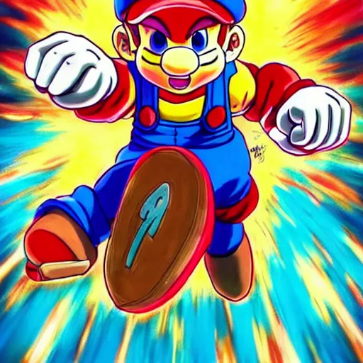 Prompt: anime art of mario going super - sayan, full - body art, fantasy art, dnd, super mario, art by akira toriyama, very beautiful fantasy art, bright colors, final fantasy, graceful, elegant, trending on artstation, intricate details, matte painting, organic painting, bold shapes, street art, akira toriyama