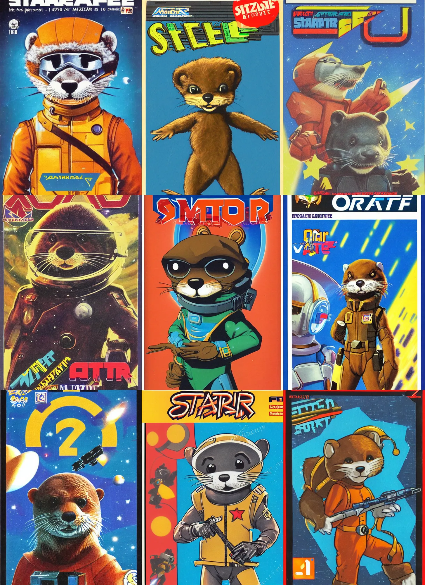 Prompt: 1 9 8 0 s video game art portrait of anthropomorphic otter from starfox fursona furry otter in a space mercenary uniform, looking heroic, magazine scan, 8 0 s game box art