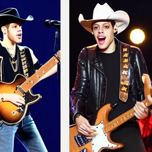 Image similar to pete davidson has a really nice electric guitar and plays it while wearing a cowboy hat and cowboy outfit