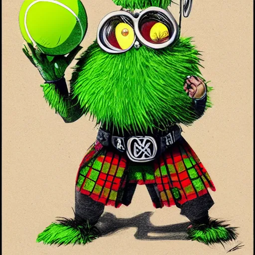 Prompt: a tennis ball monster wearing a scottish kilt, big mustache, scotland, digital art, fantasy, magic, chalk, trending on artstation, ultra detailed, professional illustration by basil gogos