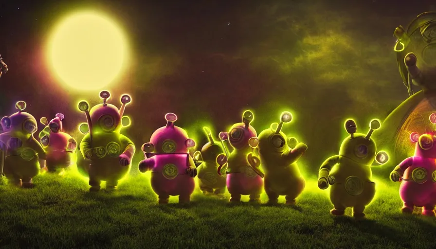 Prompt: steampunk teletubbies on ayahuasca, dancing in the moonlight, ultra realistic, concept art, intricate, details, photorealisti,c octane render, 8k