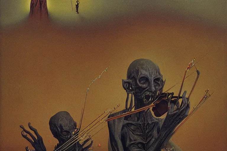 Prompt: katamari damacy as cosmic horrifying artwork of a demonic painting of a skinny living corpse playing the violin by zdzisław beksinski