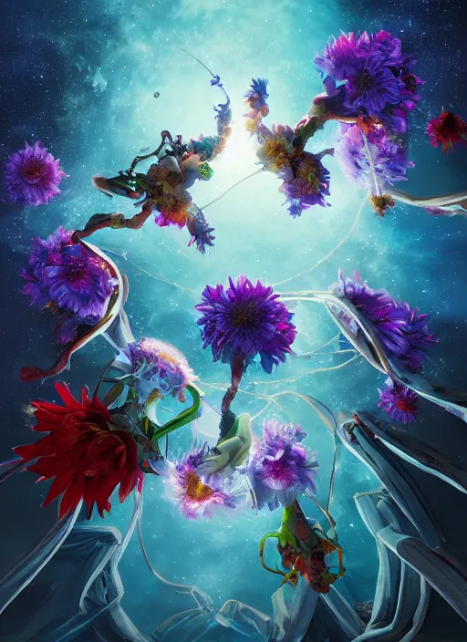 Image similar to An epic fantastic realism comic book style painting of the most beautiful entwined flowers launched across the galactic sky, nebulous bouquets, fisheye lens, unreal 5, DAZ, hyperrealistic, octane render, dynamic lighting