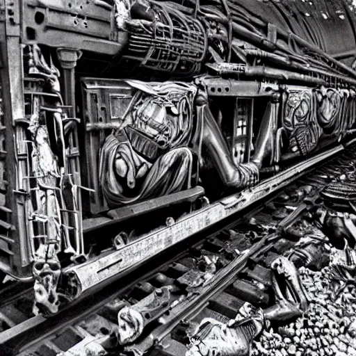 Image similar to boxcar made of human meat and bone, biomechanical railroad, highly detailed, War Photography, by H.R. Giger