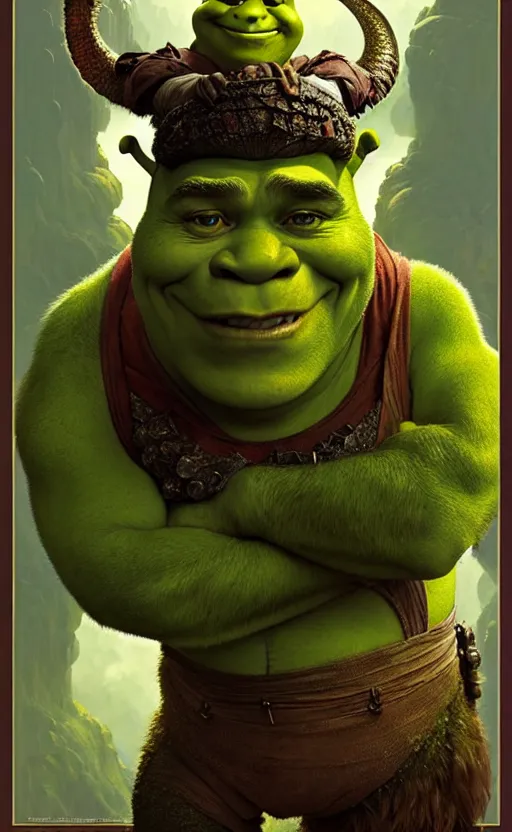 Image similar to shrek dragon gorgeous lighting by weta studio, mucha, bautista and norman rockwell and greg rutkowski and tom bagshaw and james gurney and lucasfilm