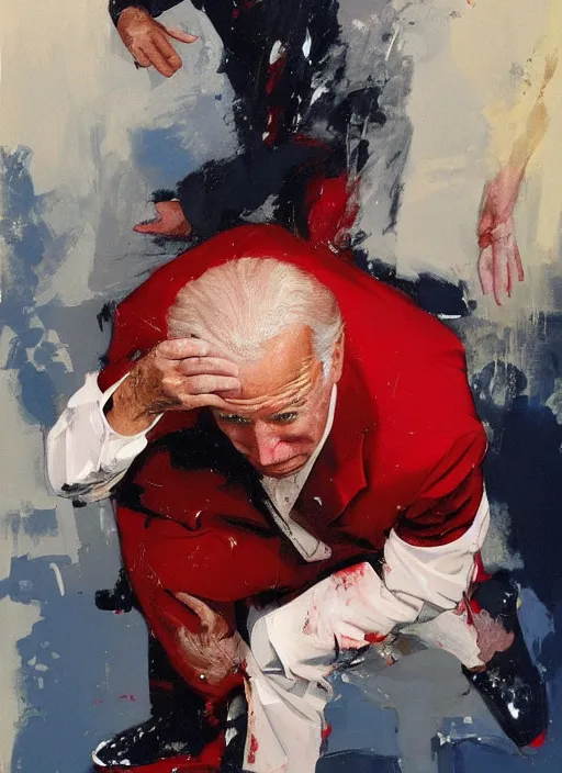 Image similar to joe biden shitting on toilet!!!!!!!!!!!!!!!!!! straining, red face, uh oh!, painting by phil hale, fransico goya,'action lines '!!!, graphic style, visible brushstrokes, motion blur, blurry, visible paint texture, crisp hd image