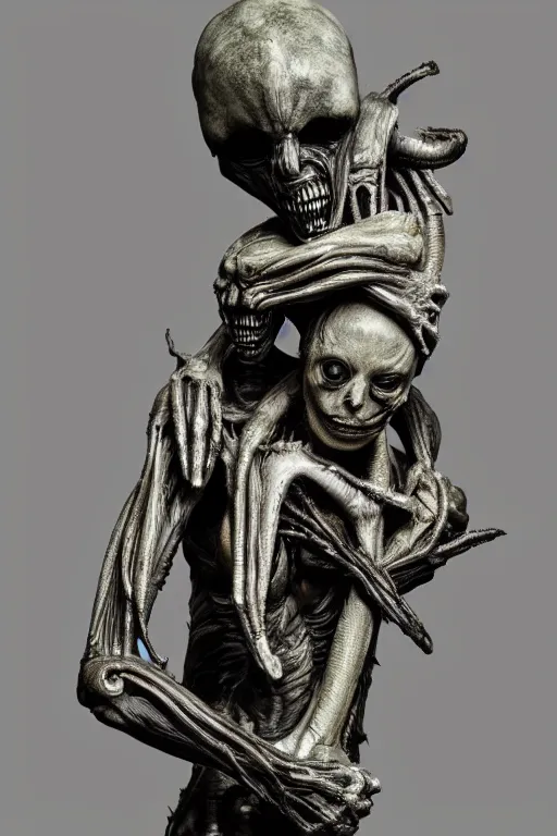 Image similar to giger sculpture of an alien from the movie alien holding a severed human by francisco jose de goya, giger, pixiv, vanitas, chiaroscuro, grotesque, demonic photograph