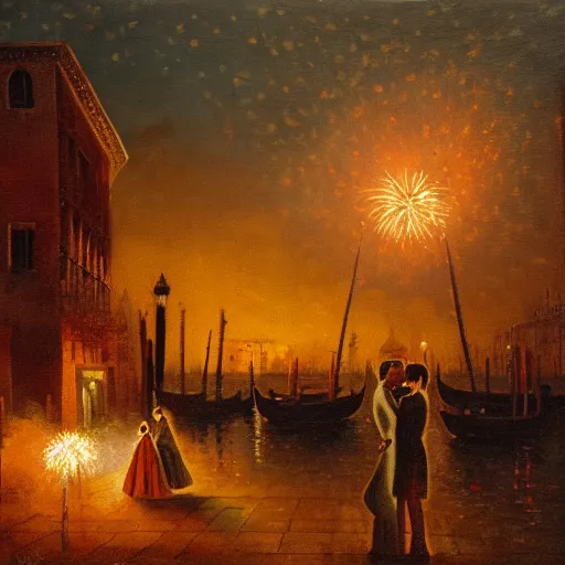 Image similar to an oil painting of couple kissing, in a background fireworks in venice