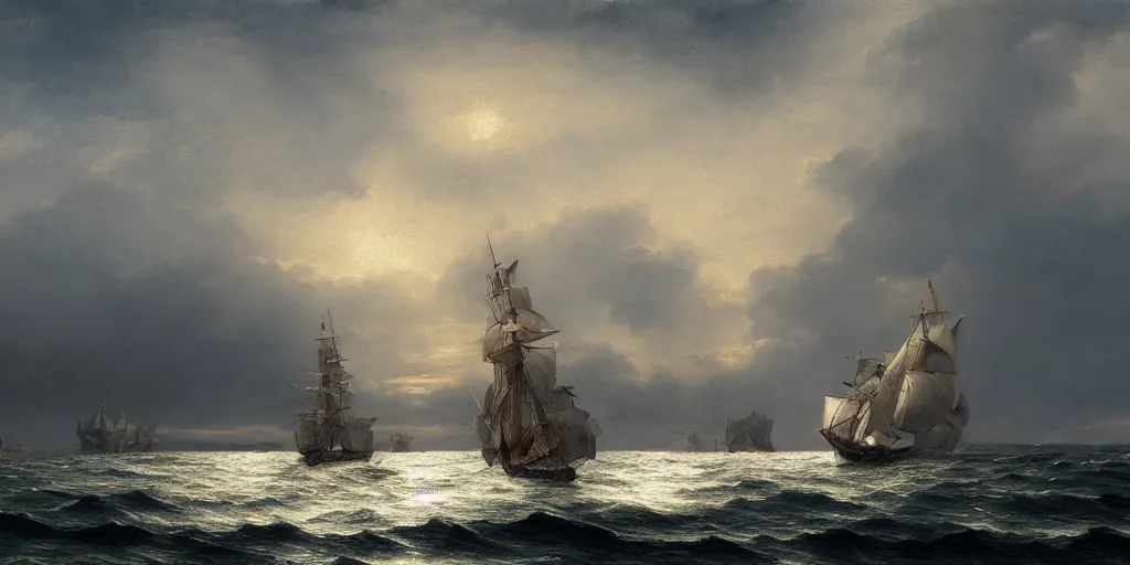 Image similar to splendid sailing boat on the vast ocean, sun, ominous sky, fitz henry lane, matte painting, artstation