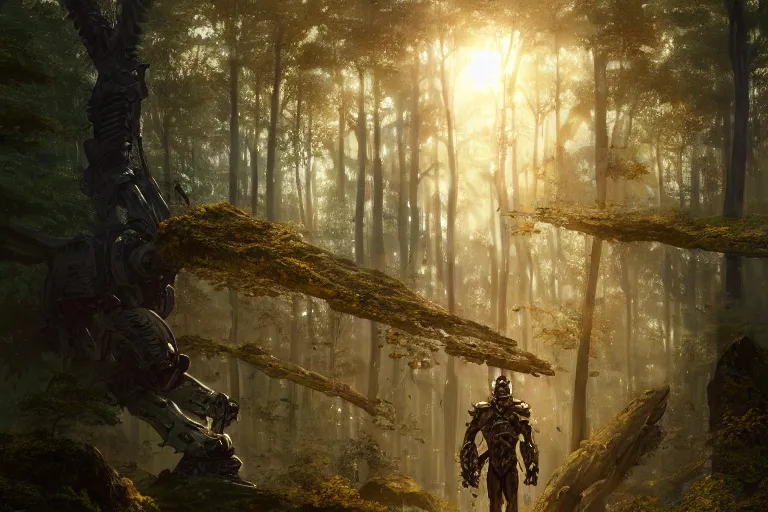 Prompt: detailed intricate digital illustration by greg rutkowski and artgerm and wlop and sanford robinson gifford ; bearded man standing next to his mech suit, standing in yggdrasil forest thick trees ; 1 3 mm film, arri alfa anamorphic lens ; sharp focus, golden hour lighting, gleaming sunlight rays ; trending on artstation 4 k ; close view